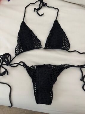 Black Crochet Tie-Side Bikini Set - Women Swim